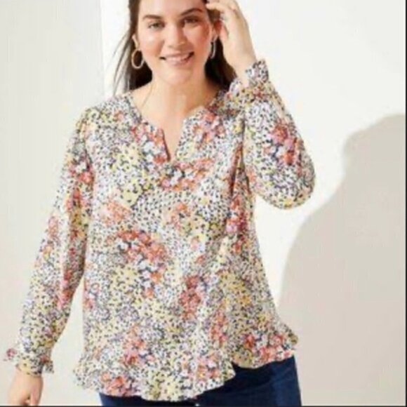 NWT Loft Floral Long Sleeve Patterned V-neck Blouse Size XXSP - Picture 1 of 8